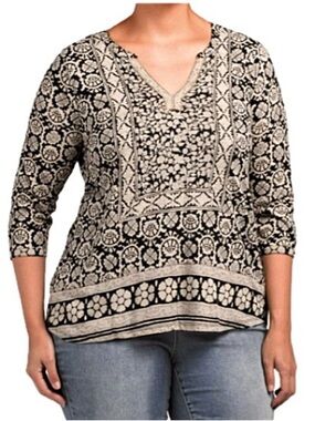 Lucky Brand Floral Aztec Burnout Top Womens Size 1X Split Neck 3/4 Sleeve Tee
